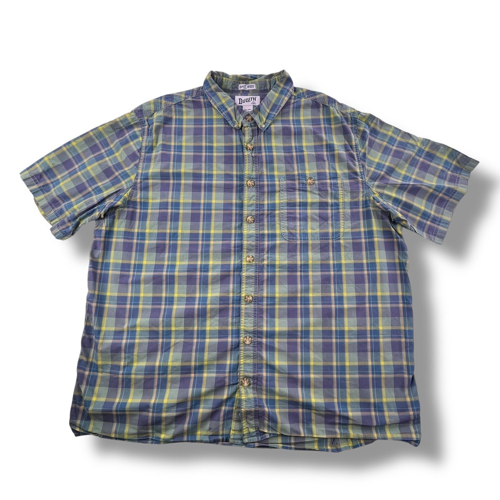 Duluth Trading Co Men 2XL Untucked Plaid Short Sleeve Button Down Shirt Blue